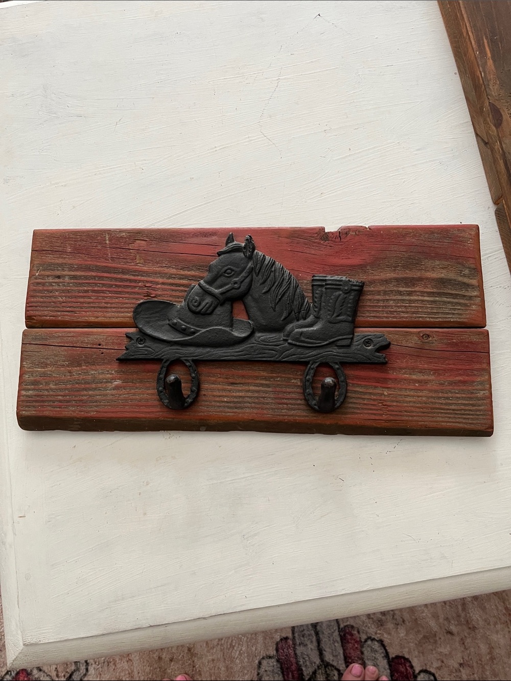 Rustic Red Wood Horse & Boots Wall Hook